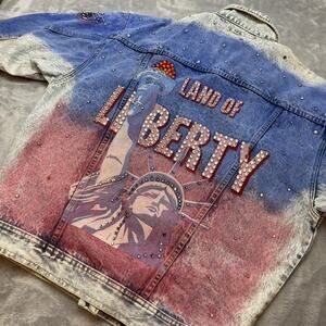 Vtg Jordache Trucker Jacket Size L Oversized Statue of Liberty Rhinestone DIY